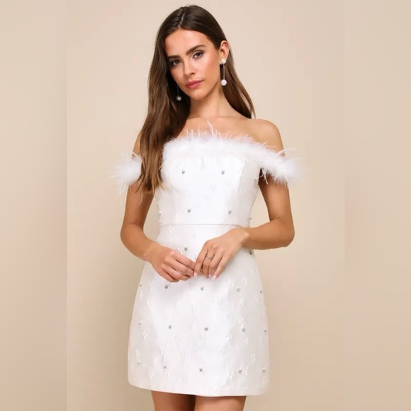 Charming Always Ivory Floral Jacquard Feather Mini Dress - Picture 1 of 5